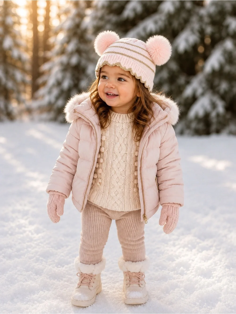 Ava Olivia Toddler Pink Gold Pom Pom Knit Balaclava Winter Hat